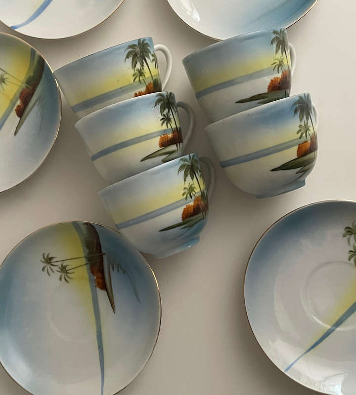 Set of 5 Vintage Chikaramachi Japan Eggshell Porcelain Tea Cups & Saucers  Hand-Painted 1920-1940's