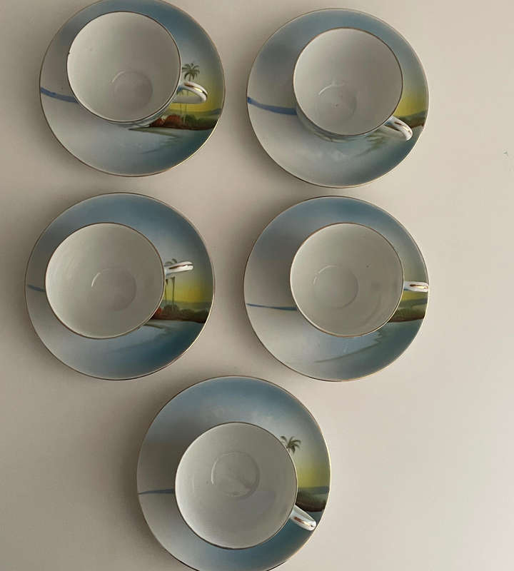 Set of 5 Vintage Chikaramachi Japan Eggshell Porcelain Tea Cups & Saucers  Hand-Painted 1920-1940's