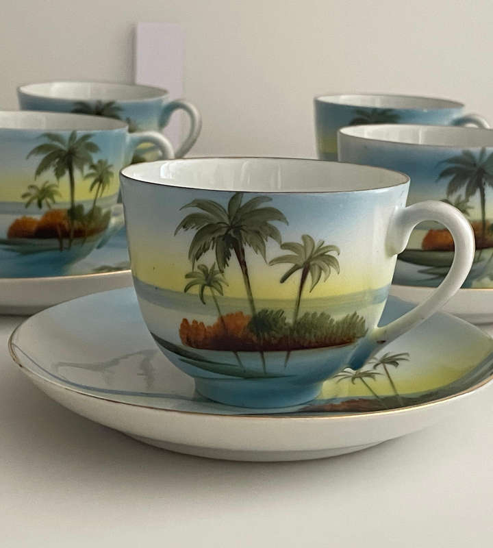 Set of 5 Vintage Chikaramachi Japan Eggshell Porcelain Tea Cups & Saucers  Hand-Painted 1920-1940's