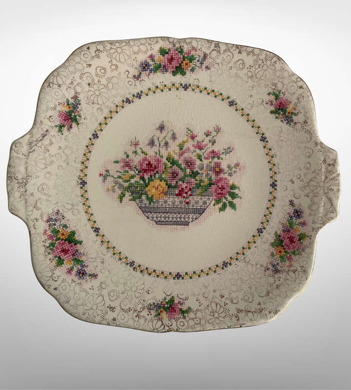 8-Piece Vintage Petit Point & Cross-Stitch Vanity Décor Set with H&K Tunstall Cup & Saucer