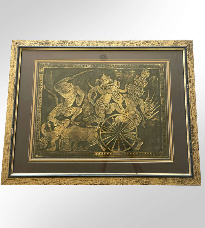 Reserve - Framed Thai Temple Rubbing Art  1980s Gold on Black Relief (78cm x 60cm)  Needs Cleaning