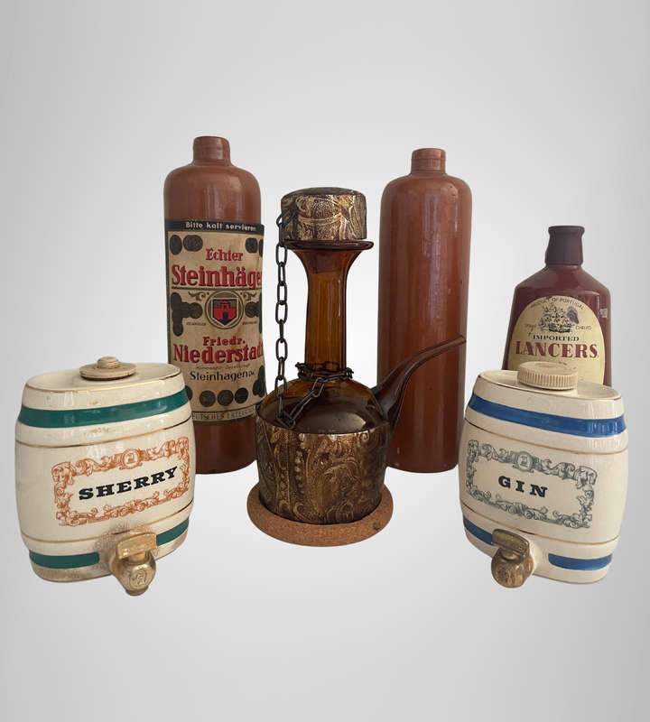 Man Cave Bar Décor Lot  Vintage Lancers Wine, Antique Steinhäger Bottles, Wade Gin & Sherry Barrels