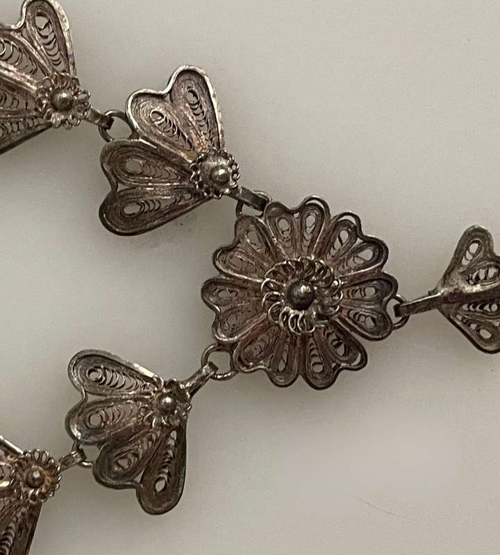 Vintage 800 Silver Filigree Necklace  48cm  26.9g  Ornate Floral & Fan Design  European