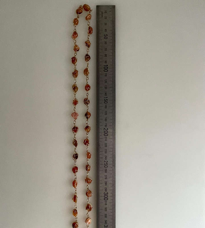 1970s Natural Carnelian Wire-Wrapped Bead Necklace  Brass Tone  Approx. 40cm  Vintage Used