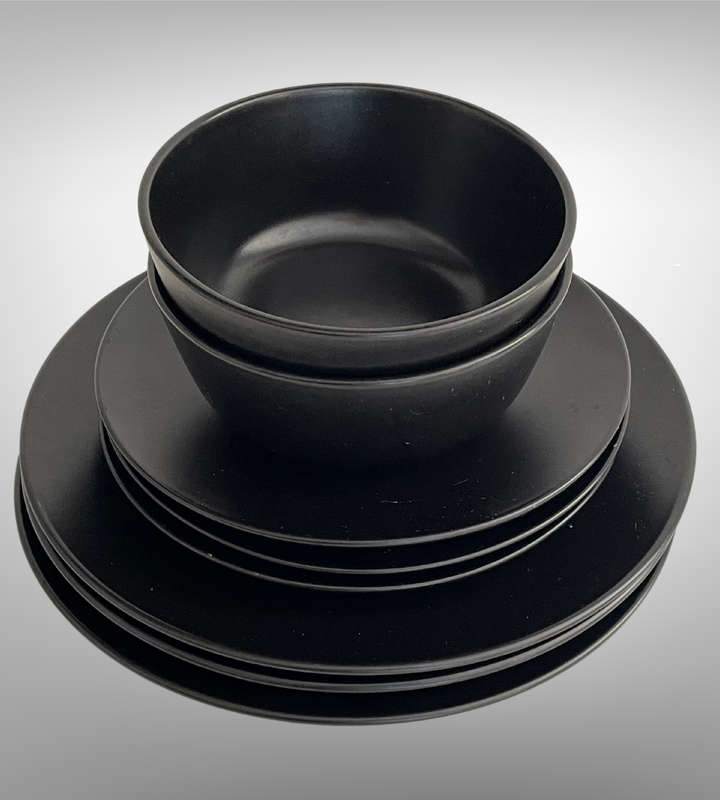 8-Piece Black Part Dinner Service  3 Dinner Plates, 3 Side Plates, 2 Bowls  No Chips or Cracks