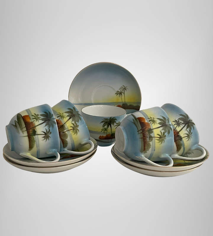 Set of 5 Vintage Chikaramachi Japan Eggshell Porcelain Tea Cups & Saucers  Hand-Painted 1920-1940's
