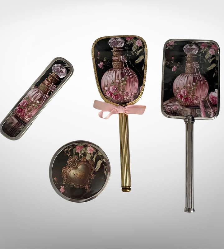 Restored Vintage Vanity Set - Hand Mirror, Brushes & Glass Jar with Black and Pink Coquette Décor