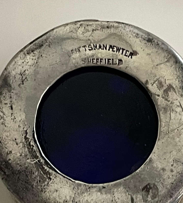 Vintage Craftsman Pewter Mustard Pot with Blue Glass Liner & Spoon  Viner's Ltd Sheffield England