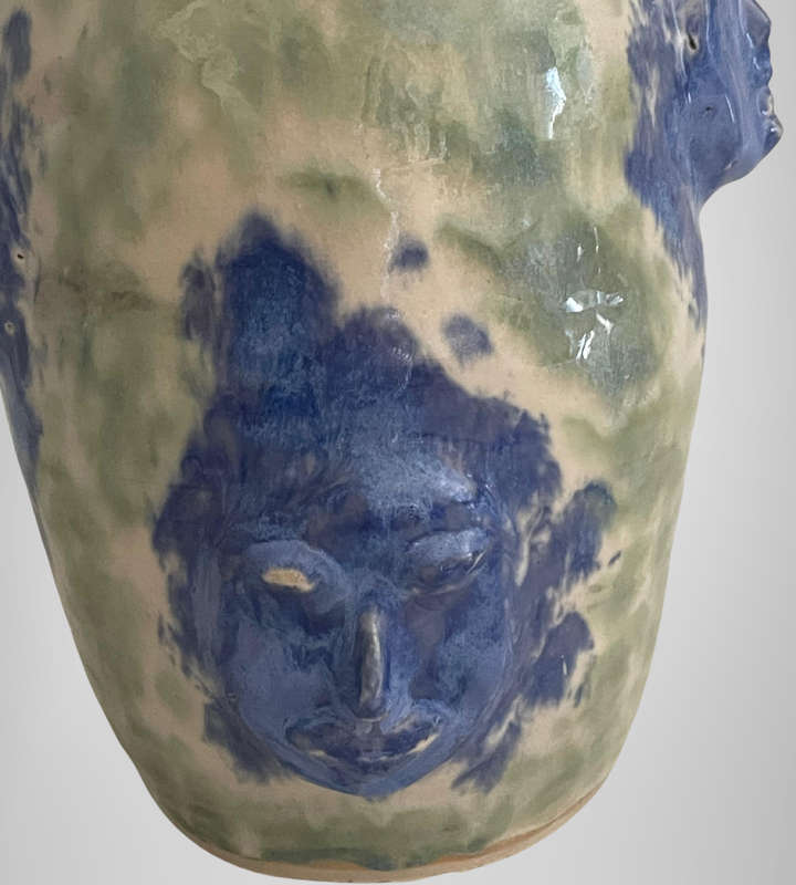 Unique Unmarked Stoneware Vase  Four Faces  Super Heavy Glaze  Brutalist Pottery- Studio Pottery