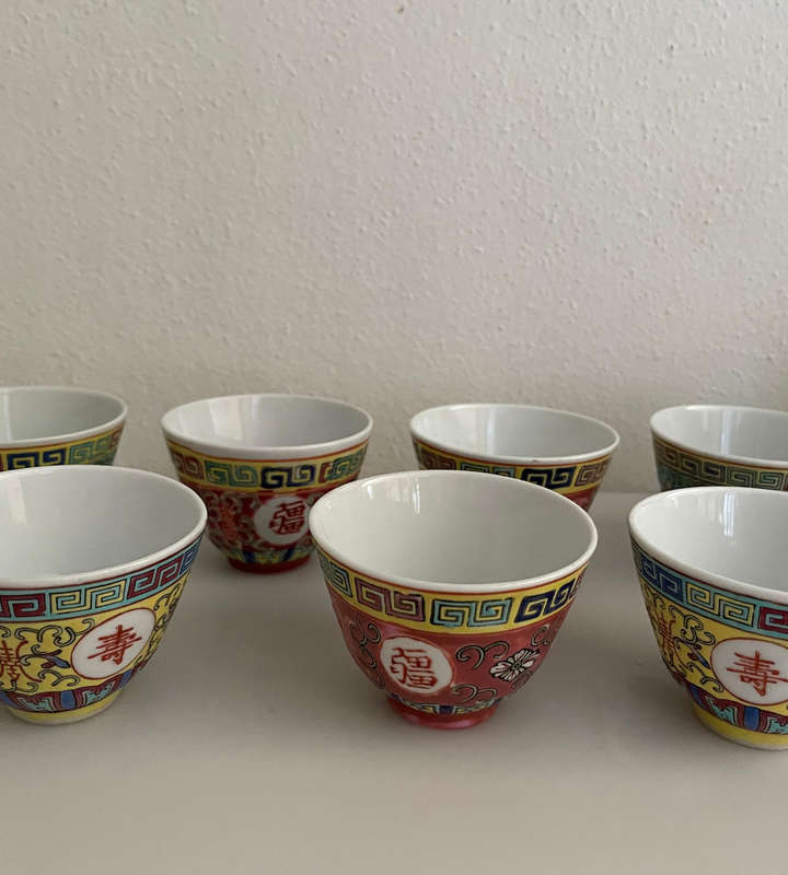Vintage Famille Rose Mun Shou Longevity Porcelain Mixed Set  (22 Pieces)