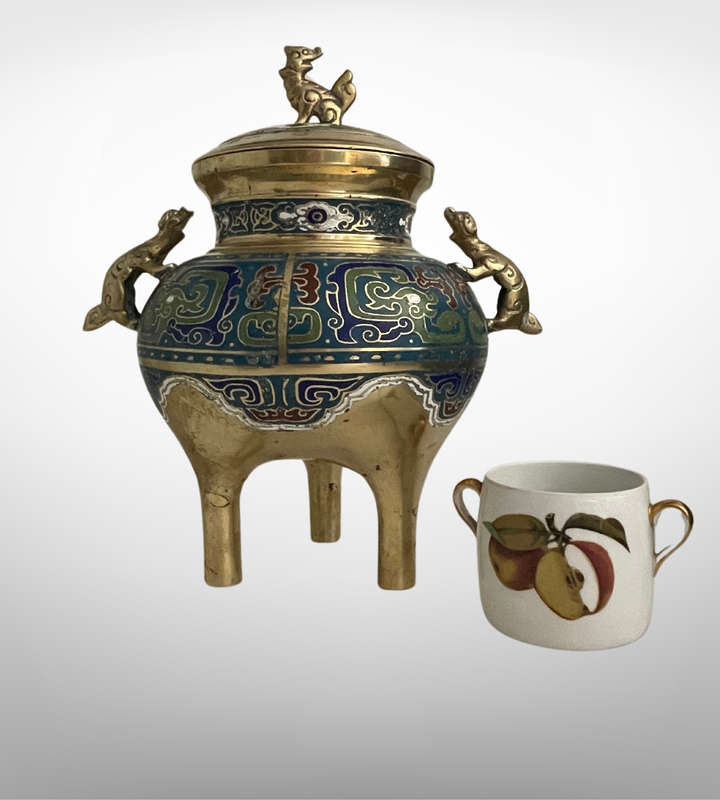 Antique Chinese Cloisonné Brass Tripod Censer with Foo Dog Finials  Qing Dynasty Reign Mark, Possib