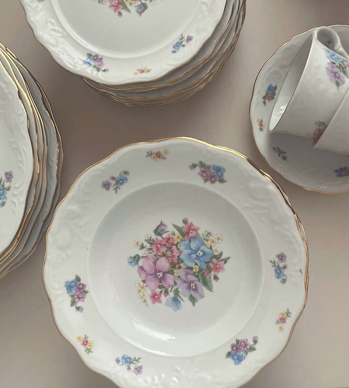 Vintage 55-Piece Fine China Dinner Set  - Gold-Trimmed Cottage Chic Floral Design - Discounted!