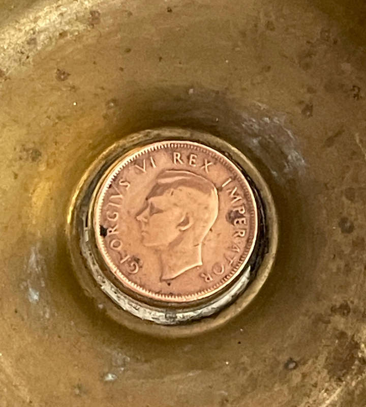 WWII 1945 South African Trench Art Brass Ashtray  Artillery Shell Base with King George VI Coin  R