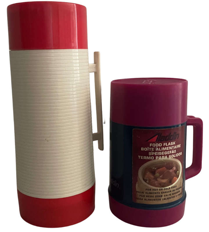 2x Vintage 1970s-80s Aladdin HY-LO Wide Mouth Thermos Flasks  Collectible Retro Pieces