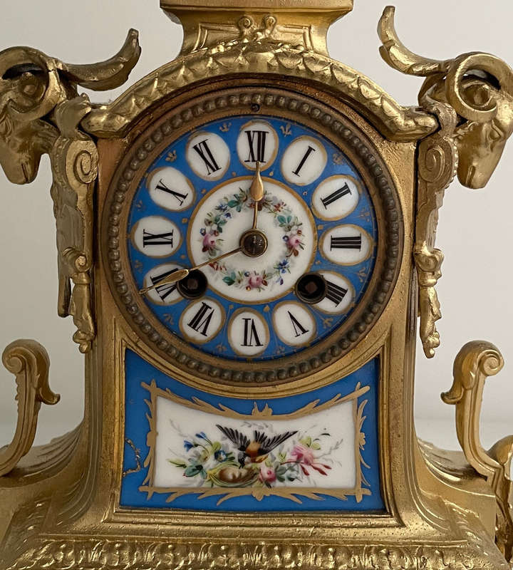 Heavy Antique French Gilt Mantel Clock with Porcelain Panels  Marked Henry Marc, Paris