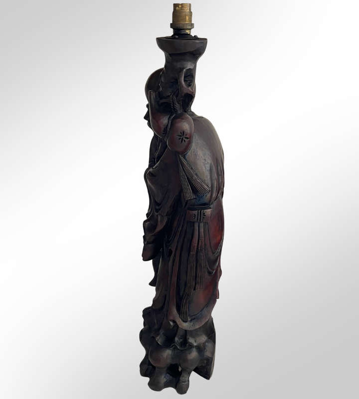 Antique Japan Meiji Period Ironwood Okimono Lamps (Set of 2)  Hand-Carved Shou Lao Statues, Large &