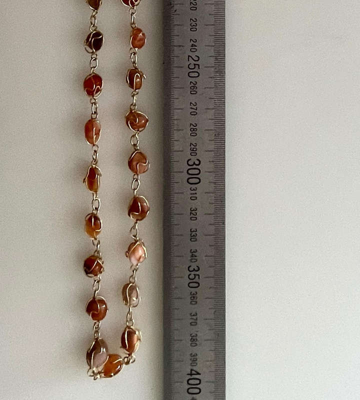 1970s Natural Carnelian Wire-Wrapped Bead Necklace  Brass Tone  Approx. 40cm  Vintage Used