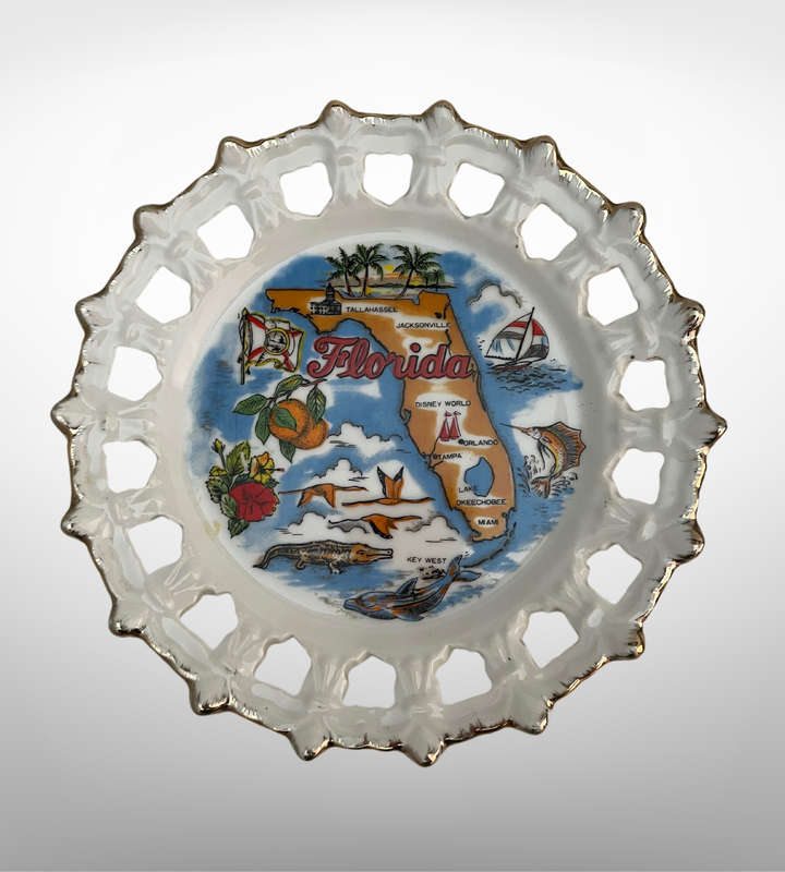 Vintage MCM Florida Souvenir Plate with Gold Trim - Made in Korea (21cm)