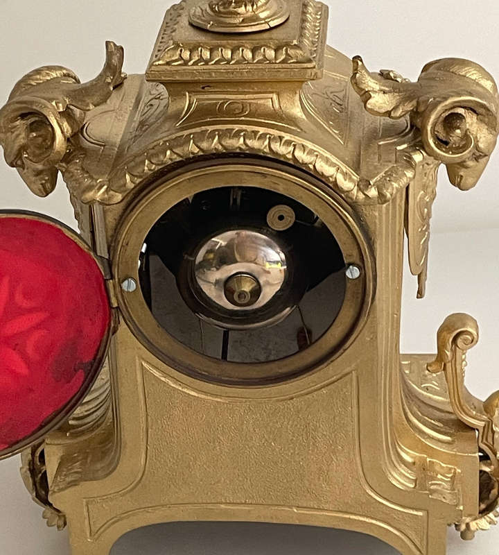 Heavy Antique French Gilt Mantel Clock with Porcelain Panels  Marked Henry Marc, Paris