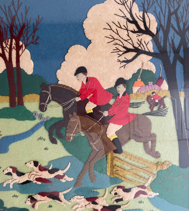 1930s Framed Felt Appliqué Artwork  "The Hunt"  Equestrian & Hound Scene  Wool Felt  54cm x 47cm