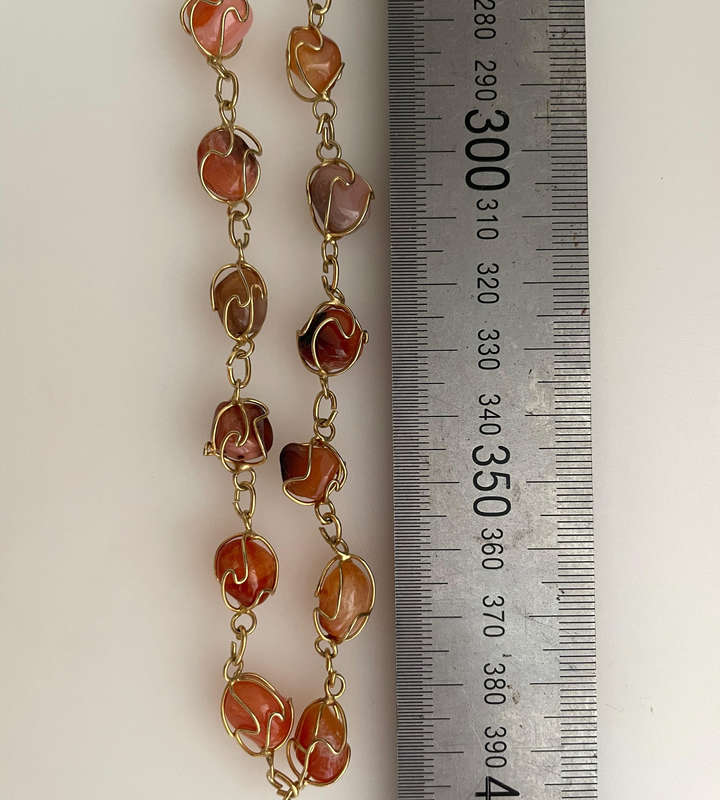 1970s Natural Carnelian Wire-Wrapped Bead Necklace  Brass Tone  Approx. 40cm  Vintage Used