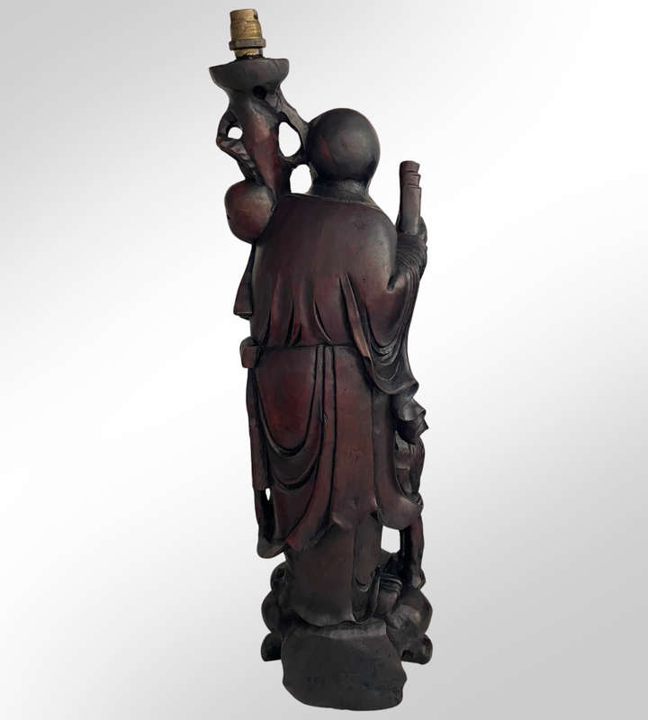 Antique Japan Meiji Period Ironwood Okimono Lamps (Set of 2)  Hand-Carved Shou Lao Statues, Large &