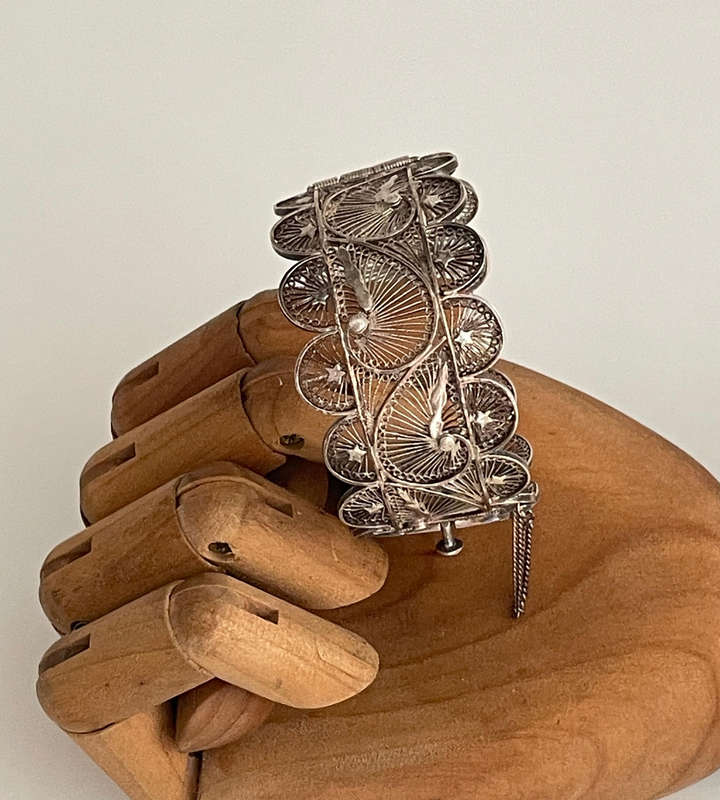Antique Silver Filigree Bracelet  Handcrafted Ornate Design  30mm Wide  30.1g  Small to Medium