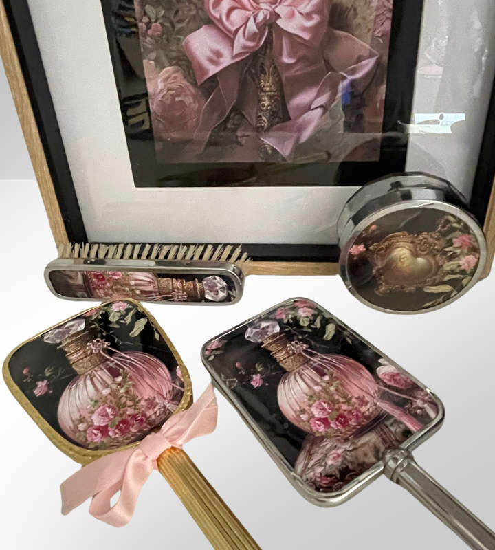 Restored Vintage Vanity Set - Hand Mirror, Brushes & Glass Jar with Black and Pink Coquette Décor