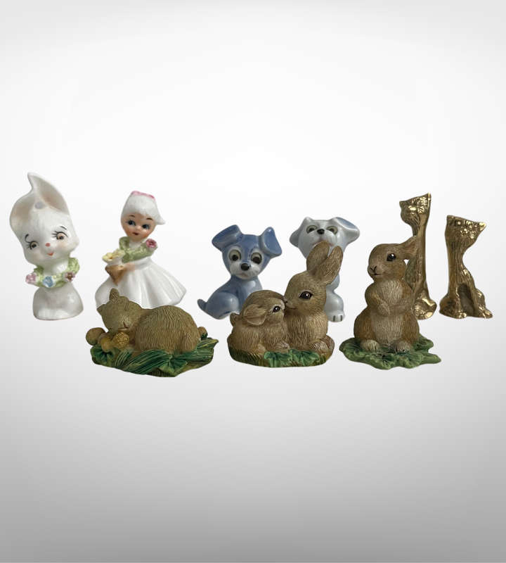 9-Piece Vintage Miniature Collectible Figurines  Napcoware, Brass Cats, Bunny & Dog Figurines