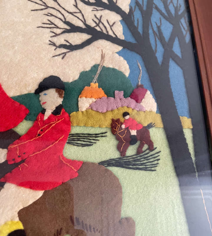 1930s Framed Felt Appliqué Artwork  "The Hunt"  Equestrian & Hound Scene  Wool Felt  54cm x 47cm