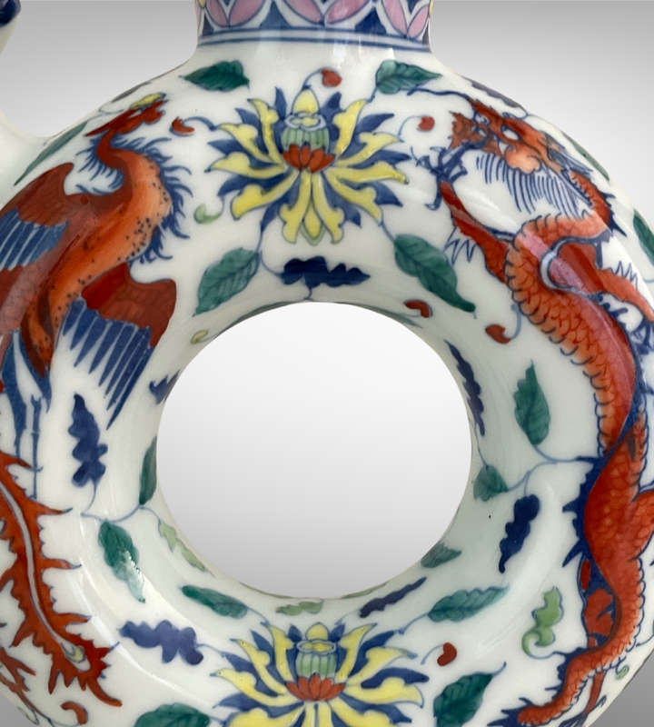 Hand-Painted Chinese Phoenix & Dragon Ring Teapot  Qing Style with Yongzheng Mark  24.5cm with Sta