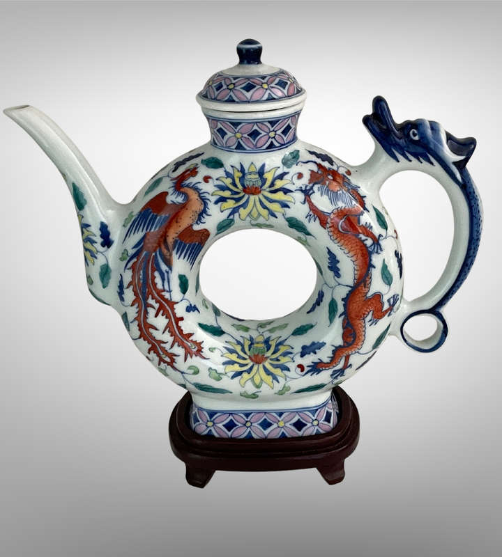 Hand-Painted Chinese Phoenix & Dragon Ring Teapot  Qing Style with Yongzheng Mark  24.5cm with Sta