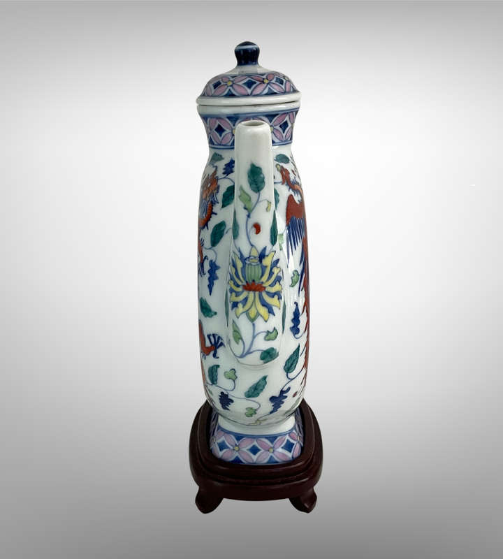 Hand-Painted Chinese Phoenix & Dragon Ring Teapot  Qing Style with Yongzheng Mark  24.5cm with Sta