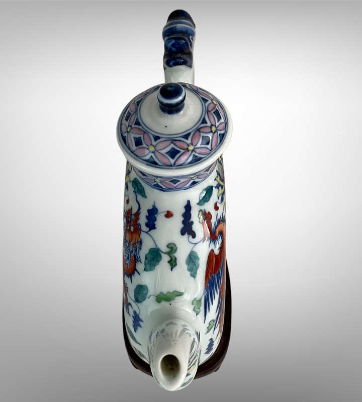 Hand-Painted Chinese Phoenix & Dragon Ring Teapot  Qing Style with Yongzheng Mark  24.5cm with Sta