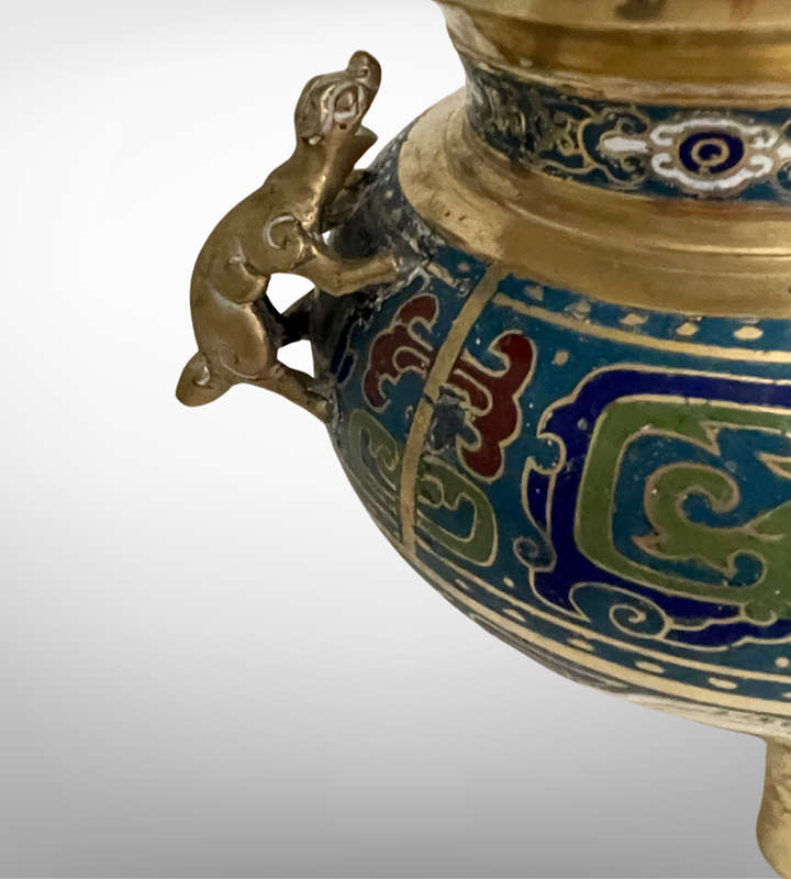 Antique Chinese Cloisonné Brass Tripod Censer with Foo Dog Finials  Qing Dynasty Reign Mark, Possib