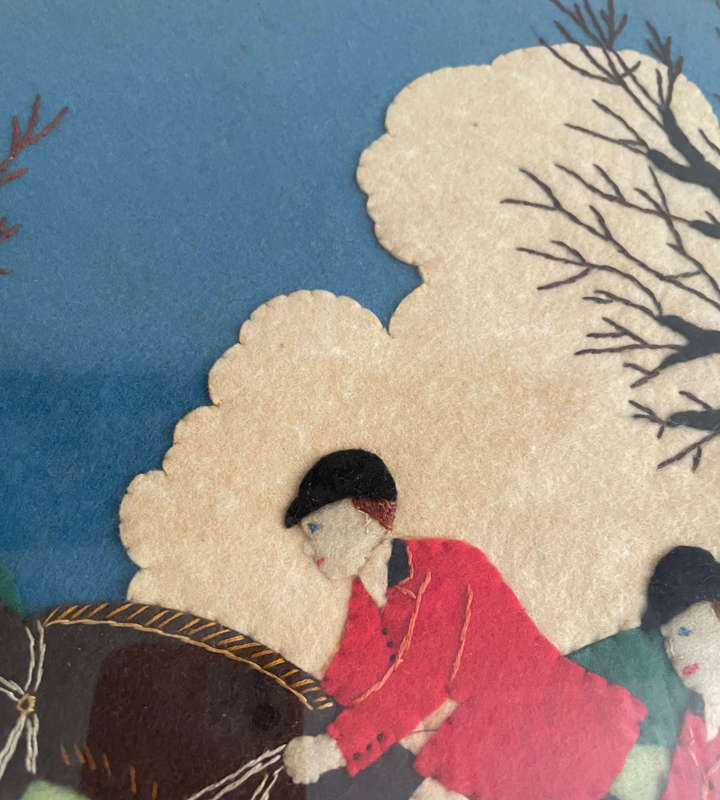 1930s Framed Felt Appliqué Artwork  "The Hunt"  Equestrian & Hound Scene  Wool Felt  54cm x 47cm