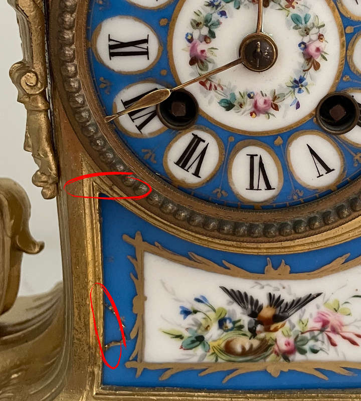 Heavy Antique French Gilt Mantel Clock with Porcelain Panels  Marked Henry Marc, Paris