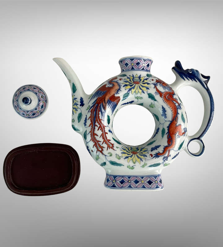 Hand-Painted Chinese Phoenix & Dragon Ring Teapot  Qing Style with Yongzheng Mark  24.5cm with Sta