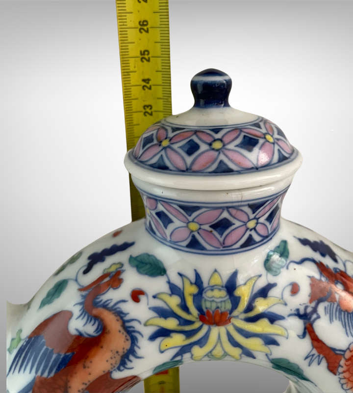 Hand-Painted Chinese Phoenix & Dragon Ring Teapot  Qing Style with Yongzheng Mark  24.5cm with Sta