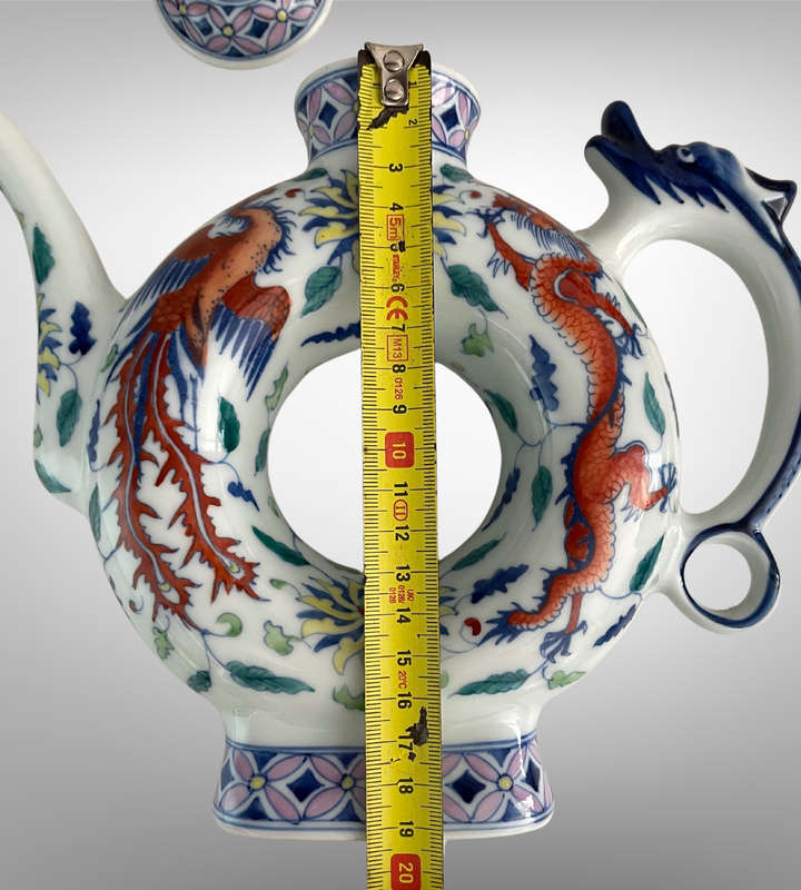 Hand-Painted Chinese Phoenix & Dragon Ring Teapot  Qing Style with Yongzheng Mark  24.5cm with Sta