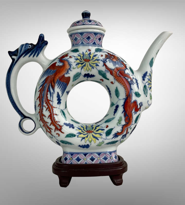 Hand-Painted Chinese Phoenix & Dragon Ring Teapot  Qing Style with Yongzheng Mark  24.5cm with Sta
