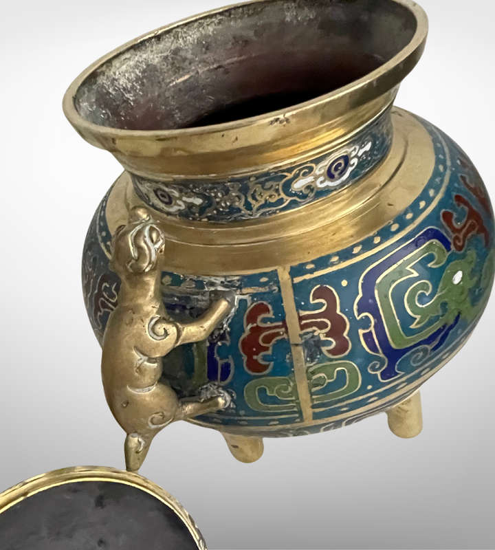 Antique Chinese Cloisonné Brass Tripod Censer with Foo Dog Finials  Qing Dynasty Reign Mark, Possib