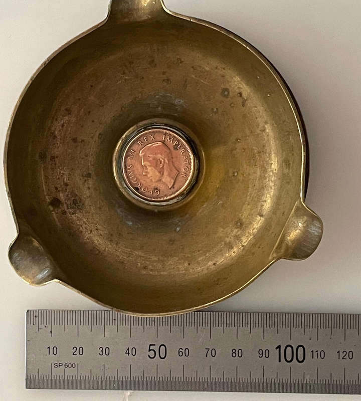 WWII 1945 South African Trench Art Brass Ashtray  Artillery Shell Base with King George VI Coin  R