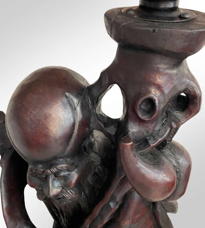 Antique Japan Meiji Period Ironwood Okimono Lamps (Set of 2)  Hand-Carved Shou Lao Statues, Large &