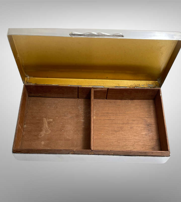 Vintage 1960s70s Aristocrat Cigarette Box  Cedarwood Lined, Chromium Plate, Made in England