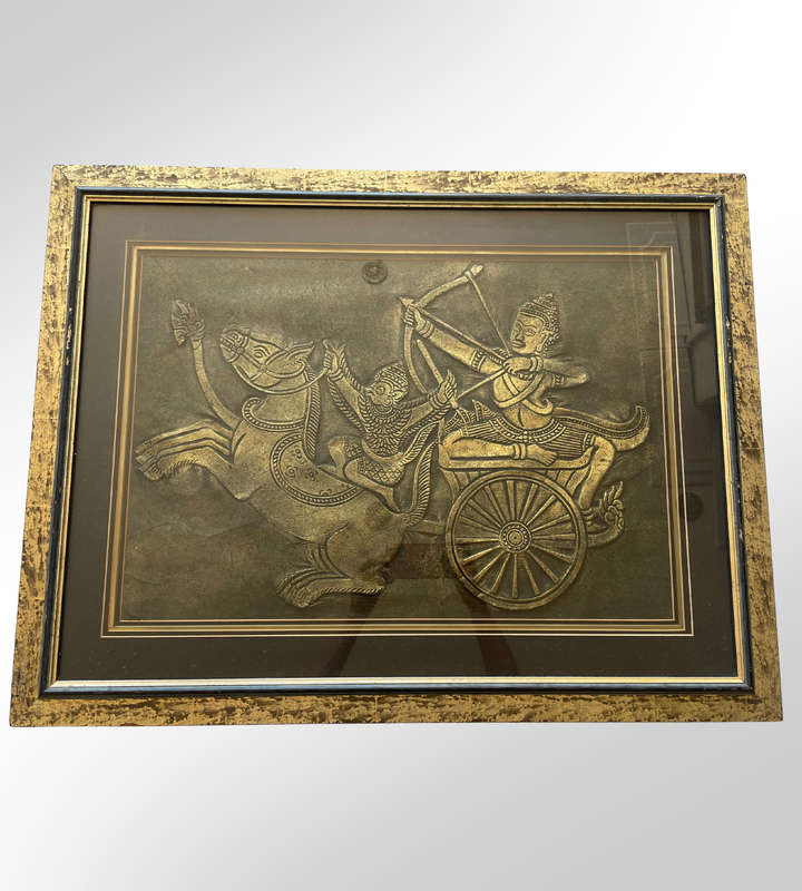 Vintage Framed Thai Temple Rubbing Art 1980s Gold on Black Relief (78cm x 60cm) Needs Cleaning, Sold