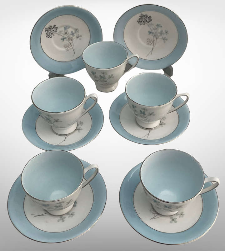 Vintage Sevron Blue Lace Royal Standard Fine Bone China Cups & Saucers Set (1950s-70s) - Made in Eng