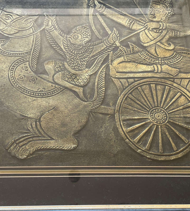 Vintage Framed Thai Temple Rubbing Art 1980s Gold on Black Relief (78cm x 60cm) Needs Cleaning, Sold