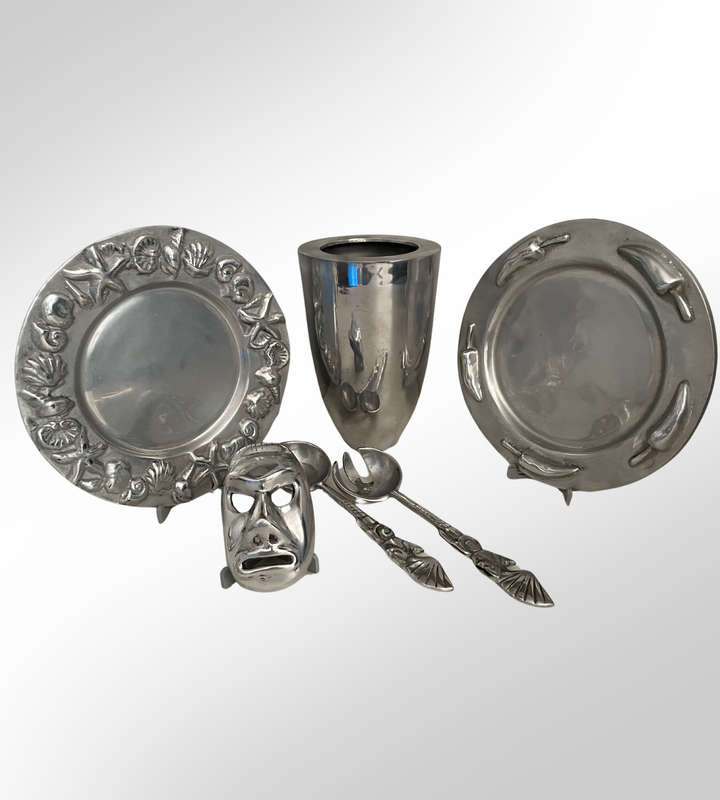 Lot of 5 Pewter Décor Items - Sea Shell Dish, Chilly Dish, Salad Servers, Mask, & Vase