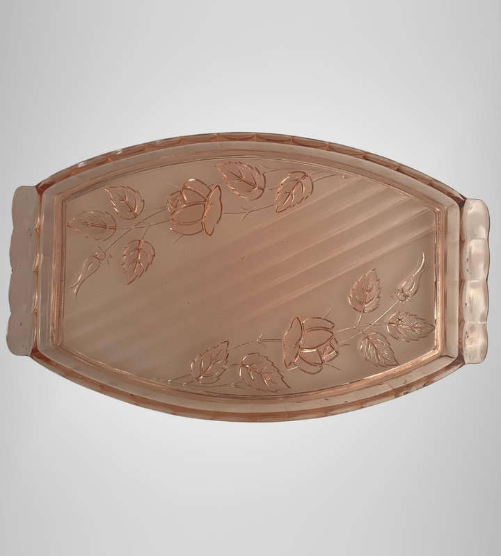 Vintage Art Deco Walther & Söhne "Waltraut" Brush Tray  Pattern 45533  Salmon Pink Pressed Glass